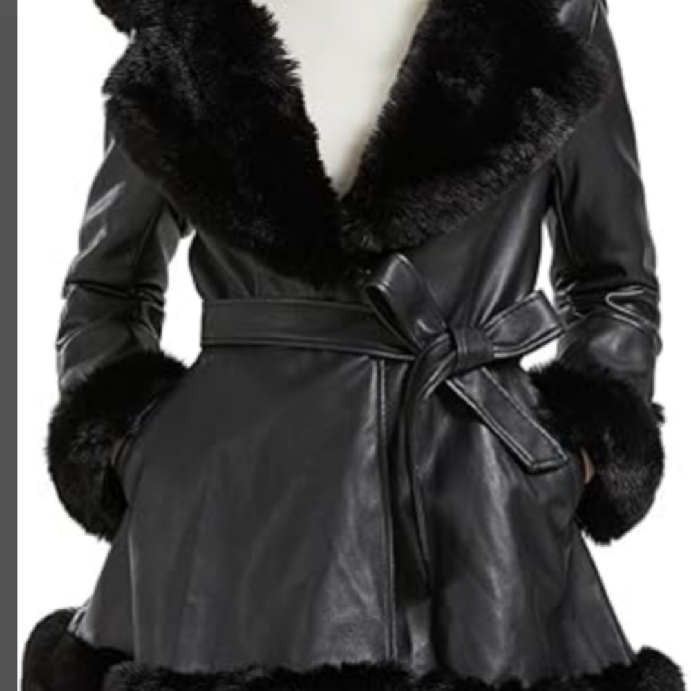New w/ tag Women's Large Black faux leather  faux fur fully lined hooded coat